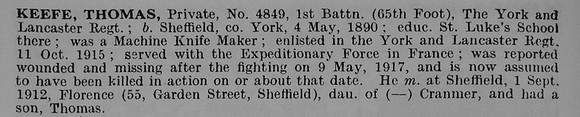Keefe T Pte 4849 1st York And Lancs Regiment