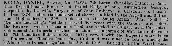 Kelly D Pte 154934 7th Canadian Infantry