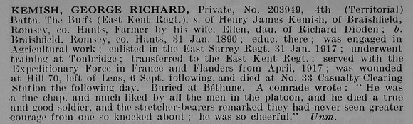 Kemish G R Pte 203949 4th East Kent Regiment