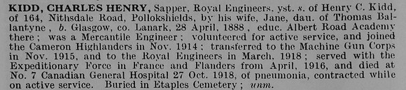 Kidd C H Sapper 358518 Royal Engineers