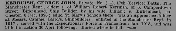 Kerruish G J Pte 54743 17th Manchester Regiment