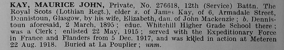 Kay M J Pte 276618 12th Royal Scots