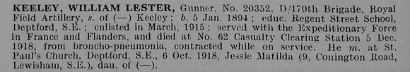 Keeley W L Gnr 20352 Royal Field Artillery