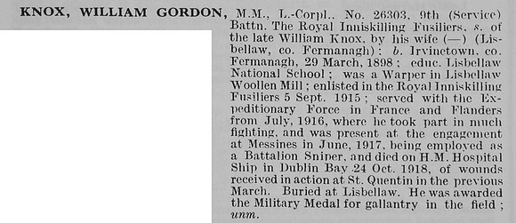Knox W G L/Cpl MM 26303 9th Royal Inniskilling Fusiliers