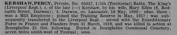Kershaw P Pte 95627 5th Kings Liverpool Regiment