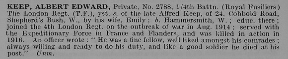 Keep A E Pte 2588 4th London Regiment
