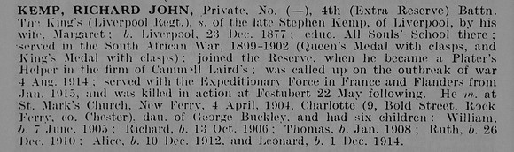 Kemp R J Pte 8660 4th King's Liverpool Regiment