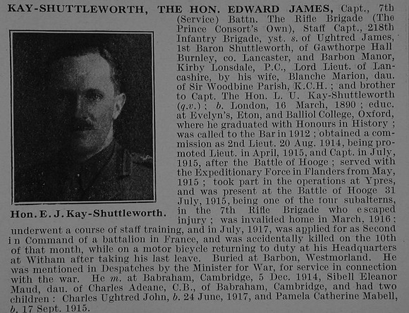 Kay-Shuttleworth E J Captain The Hon 7th Rifle Brigade Obit De Ruvignys Roll Of Honour Vol 5