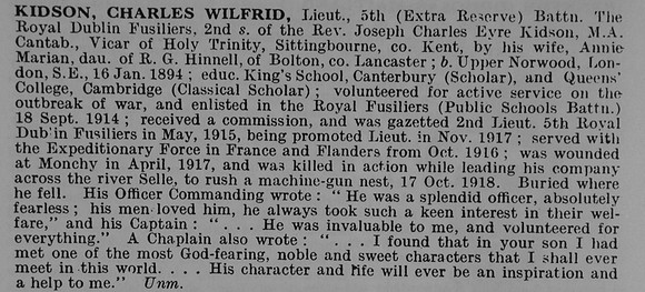 Kidson C W Lt 5th Royal Dublin Fusiliers