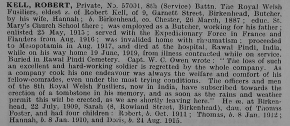 Kell R Pte 57031 8th Royal Welsh Fusiliers