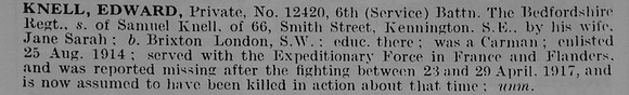 Knell E Pte 12420 6th Bedfordshire Regiment
