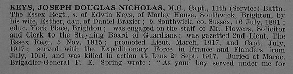 Keys J D N Captain MC 11th Essex Regiment Obit Part 1 De Ruvignys Roll Of Honour Vol 5