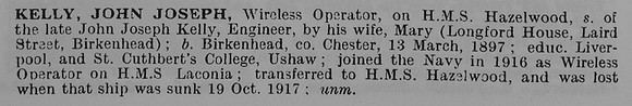 Kelly J J Wireless Operator HMS Hazelwood Merchant Navy
