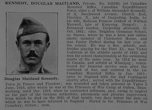 Kennedy D M Pte 106330 1st Canadian Mounted Rifles Obit De Ruvignys Roll Of Honour Vol 5