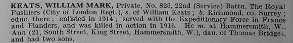 Keats W M Pte 826 22nd Royal Fusiliers