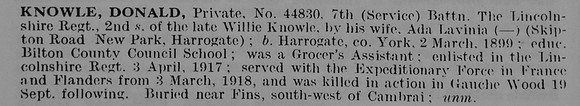 Knowle D Pte 44830 7th Lincolnshire Regiment