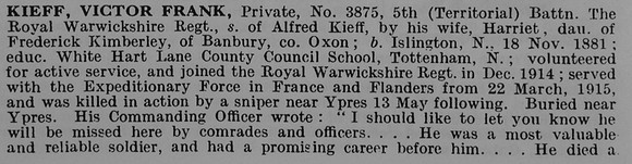 Kieff V F Pte 3875 5th Royal Warwickshire Regiment Obit Part 1