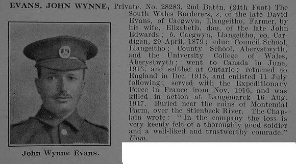 Evans J W Pte 28283 2nd South Wales Borderers Obit De Ruvignys Roll Of Honour Vol 5