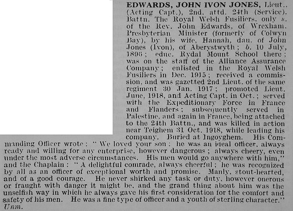 Edwards J I J Lt 2nd Attd 24th Royal Welsh Fusiliers
