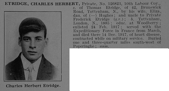 Etridge C H Pte 126823 The Queen's (Royal West Surrey Regiment) Attd Labour Corps Obit De Ruvignys Roll Of Honour Vol 5