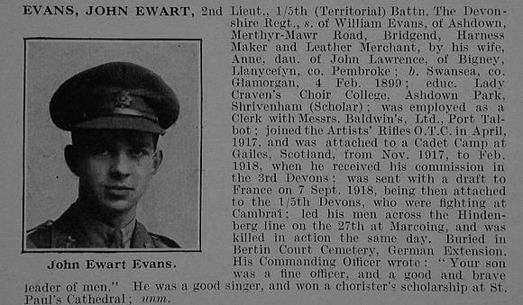 Evans J E 2nd Lt 5th Devonshire Regiment Obit De Ruvignys Roll Of Honour Vol 5