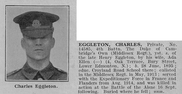 Eggleton C Pte 14585 4th Middlesex Regiment Obit De Ruvignys Roll Of Honour Vol 5
