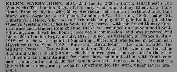Ellen H J 2nd Lt MC 20th London Regiment (Blackheath And Woolwich)