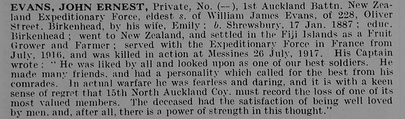 Evans J E Pte 1st Auckland Btn New Zealand Expeditionary Force