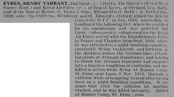 Eyres H T 2nd Lt Queen's Royal West Surrey Regiment Atdd Royal Flying Corps