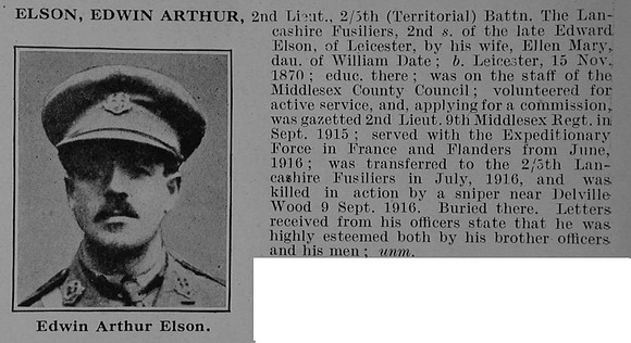 Elson E A 2nd Lt 5th Lancashire Fusiliers Obit De Ruvignys Roll Of Honour Vol 5