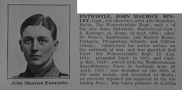 Entwistle J M B Captain 4th Worcestershire Regiment Obit Part 1 De Ruvignys Roll Of Honour Vol 5