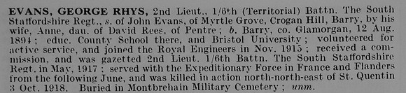 Evans G R 2nd Lt 8th South Staffs Regiment