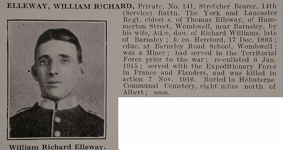 Elleway W R Pte 14th York And Lanc Regiment Obit De Ruvignys Roll Of Honour Vol 5