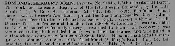 Edmonds H J Pte 31846 5th York And Lancaster Regiment