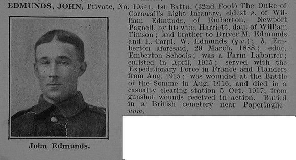 Edmunds J Pte 19541 1st Duke Of Cornwall's Light Infantry Obit De Ruvignys Roll Of Honour Vol 5