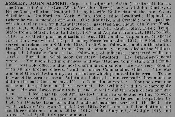 Emsley J A Captain 6th West Yorkshire Regiment