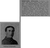 Edmunds W L/Cpl 10587 2nd Oxford & Bucks Light Infantry Obit De Ruvignys Roll Of Honour Vol 5