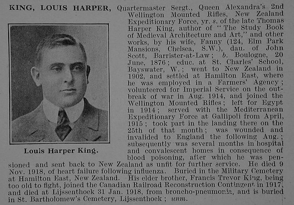 King L H Qtr Mst Sergt 2nd Wellington Mounted Rifles NZEF Obit De Ruvignys Roll Of Honour Vol 5