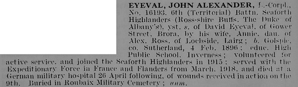 Eyeval J A L/Cpl 16193 6th Seaforth Highlanders