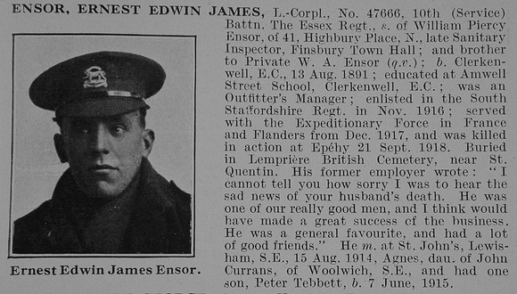Ensor E E J L/Cpl 10th Essex Regiment Obit De Ruvignys Roll Of Honour Vol 5