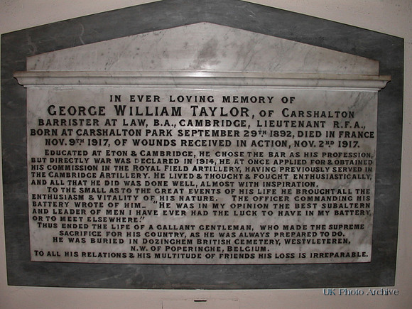 Taylor G W 2nd Lt Royal Field Artillery All Saints Church Carshalton Surrey