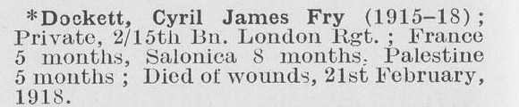 Dockett C J F Pte 15th London Regiment