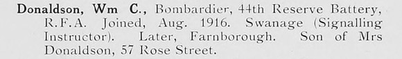 Donaldson W C Bmdr Royal Field Artillery