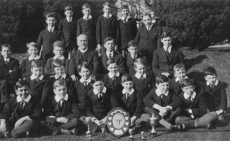 School Photo Boys With Their Teacher And Sports Trophies 1920s