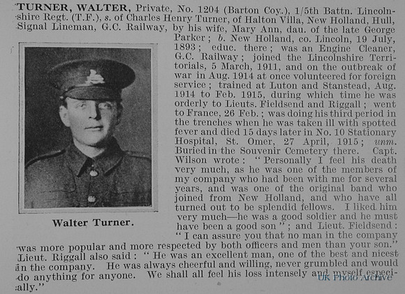 Turner W Pte 1204 5th Lincolnshire Regiment Obit