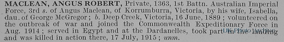 MacLean A R Pte 1363 1st Australian Imperial Force Obit