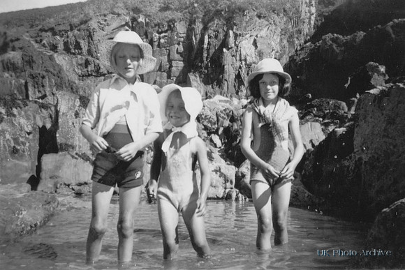 Three Little Girls Paddling In A Rock Pool 1930s