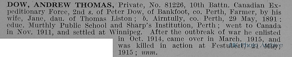 Dow A T Pte 81226 10th Canadian Expeditionary Force Obit