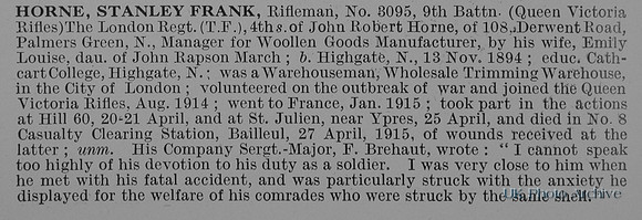 Horne S F Rfn 3095 9th London Regiment Obit