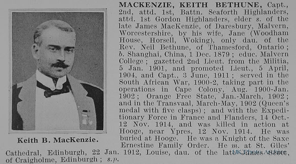 MacKenzie K B Captain 2nd Seaforth Highlanders Attd 1st Gordon Highlanders Obit